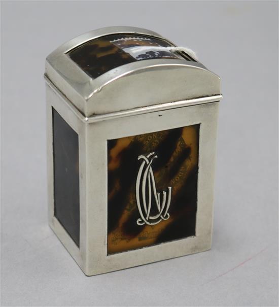 An Edwardian silver and tortoiseshell playing card box, containing two original packs, Grey & Co, London, 1903, 82mm.